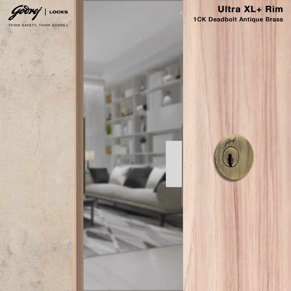 Godrej Rim Lock l 1CK Deadbolt I For Home Main Door I for Outside Opening Main & Safety Door I Left Right Handed Doors I Manual Locking I 4 Keys l Antique Brass Finish l 5 Year Warranty